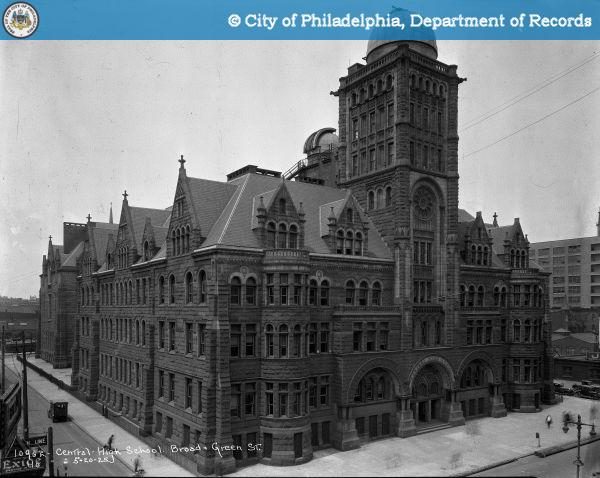 Central High School at Broad and Green Streets in 1925 with stone Romanesque architecture and observatory dome