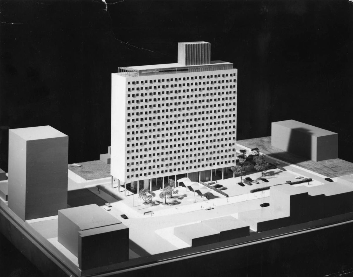 Architect’s model of the Commonwealth office building planned for Broad and Spring Garden, a white tower raised on piers over a landscaped plaza