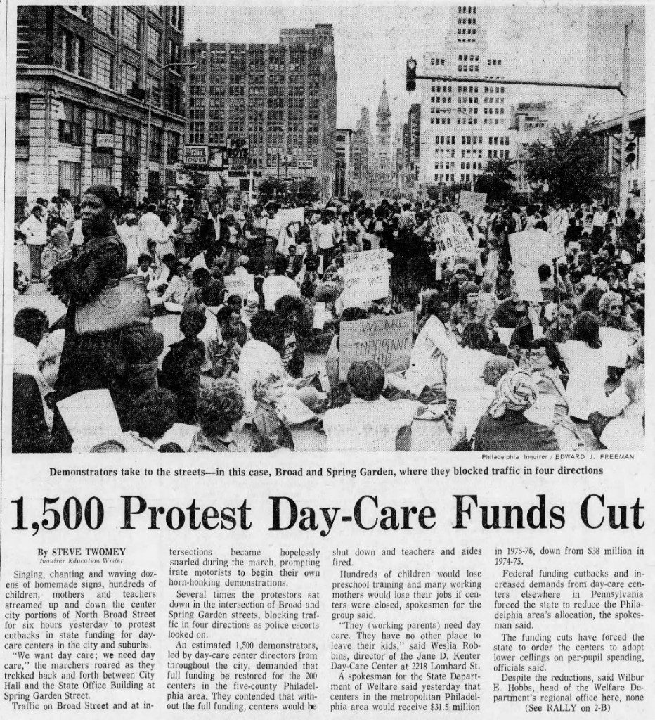 Philadelphia Inquirer clipping showing about 1,500 demonstrators blocking Broad and Spring Garden to protest day-care funding cuts in 1975