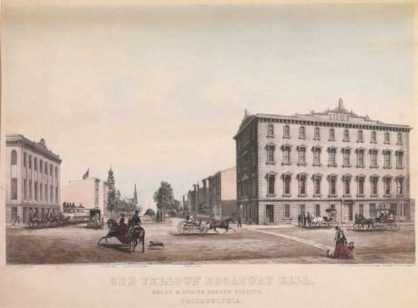 Color lithograph of Odd Fellows Broadway Hall at the southeast corner of Broad and Spring Garden