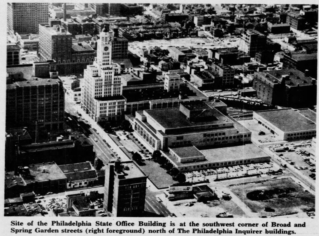 Aerial newspaper photo of Broad and Spring Garden showing the Inquirer buildings and the future site of the Philadelphia State Office Building